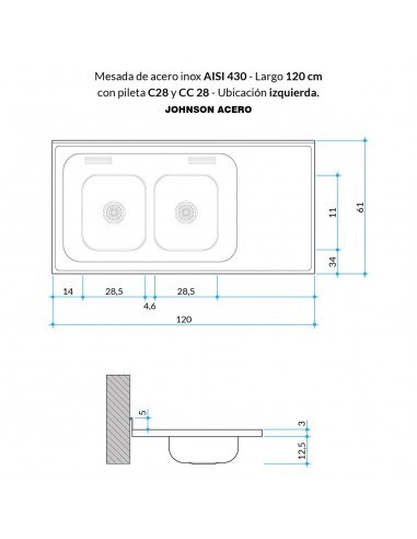 Mesada de acero 304 120 C28 IZQ con R...
