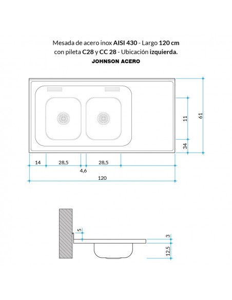 Mesada de acero 304 120 C28 IZQ con R 2 ORI